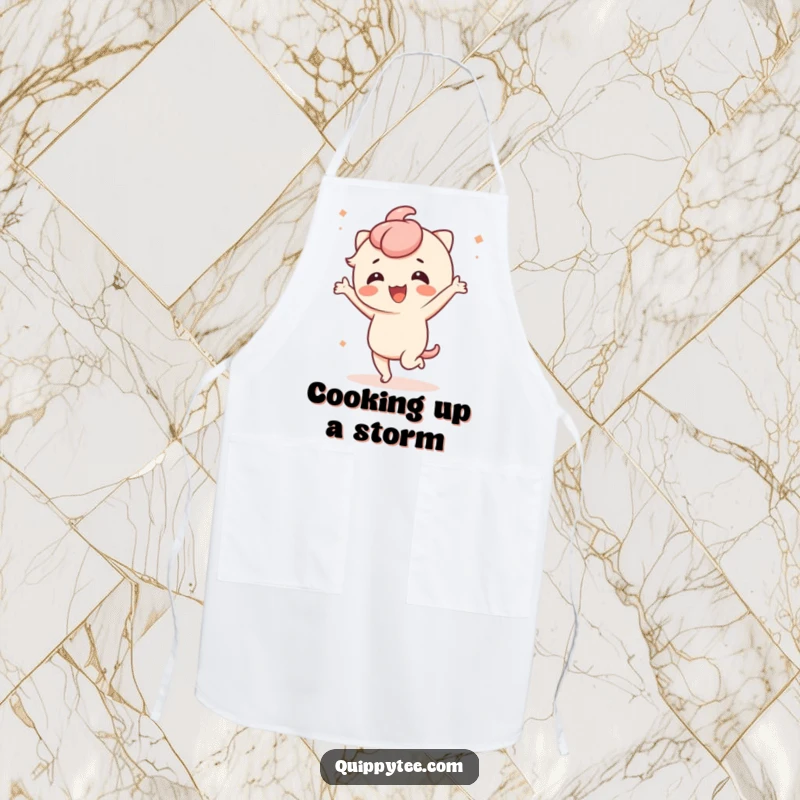 Funny apron featuring a cute kawaii character dancing energetically, perfect for kitchen fun and active cooks.