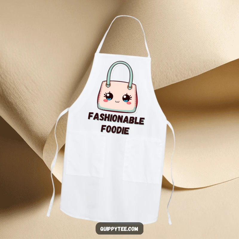 Funny apron showing a tiny designer handbag with expressive eyes, perfect for stylish kitchen tasks.