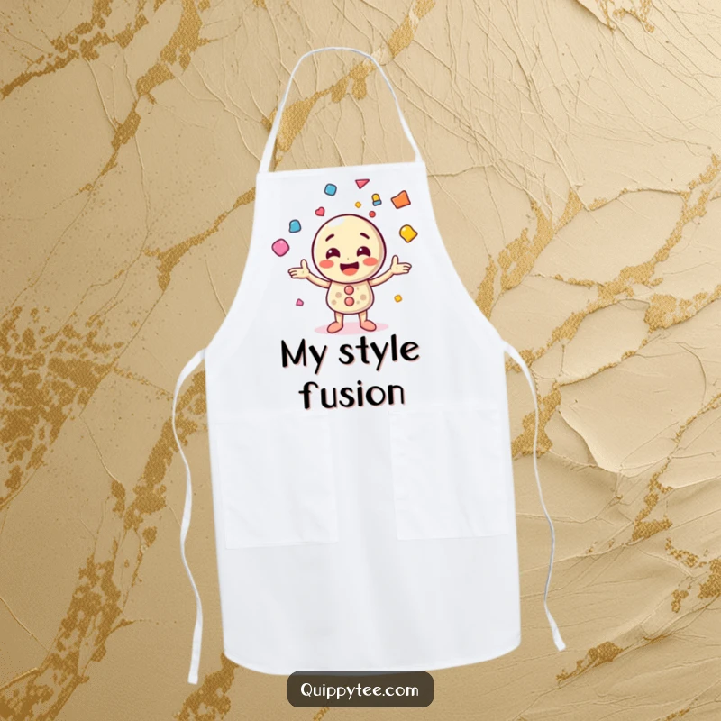 Funny apron showcasing a happy button character juggling colorful shapes, perfect for culinary creativity and kitchen cheer.