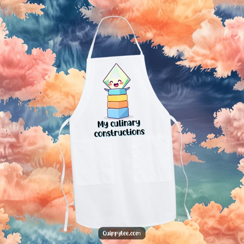 Funny apron adorned with a giggling diamond character expertly stacking colorful blocks, ready for kitchen fun and culinary creativity.