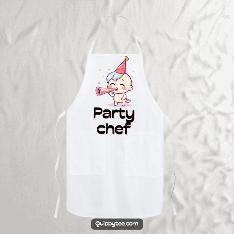 Funny Party Apron: An excited character blows a party horn, perfect for hosting parties with flair.