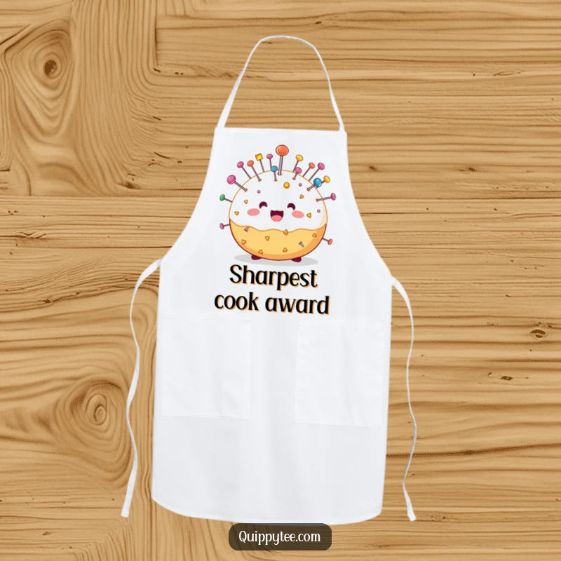 Funny apron showing a cheerful pin cushion character loaded with colorful pins, ensuring a clean and humorous experience during creative projects.