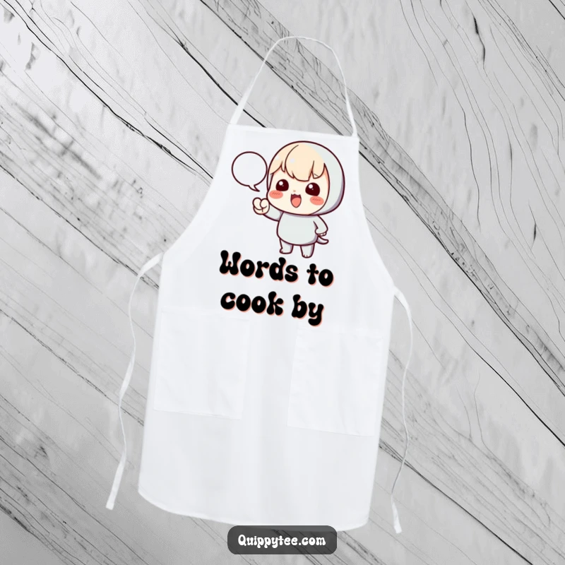 Funny apron featuring a kawaii character pointing directly at a speech bubble, ready to share kitchen tips or recipes.