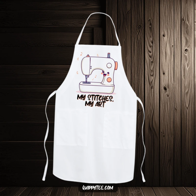 Funny apron showcasing a stylized sewing machine humming a happy tune, ideal for protecting clothes while sewing with a smile.