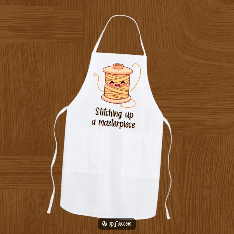 Funny apron showing a smiling spool of thread character unwinding joyfully, ready for kitchen creativity.
