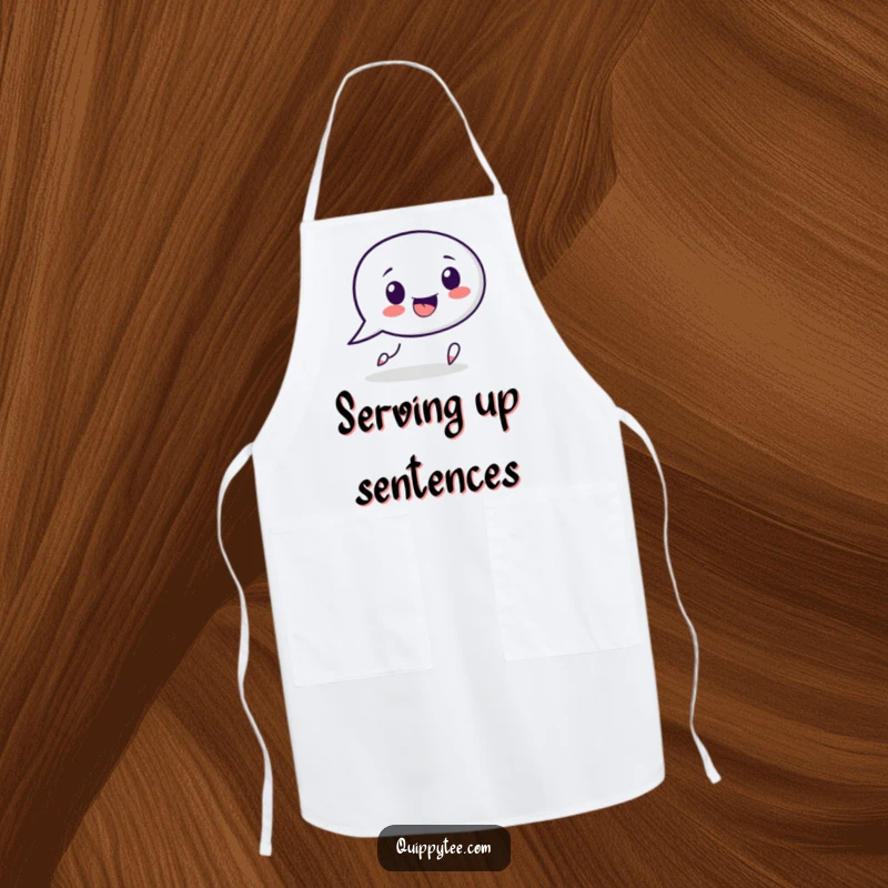 Funny speech bubble character apron, playfully chasing a punctuation mark, perfect for culinary conversations and kitchen tidiness.