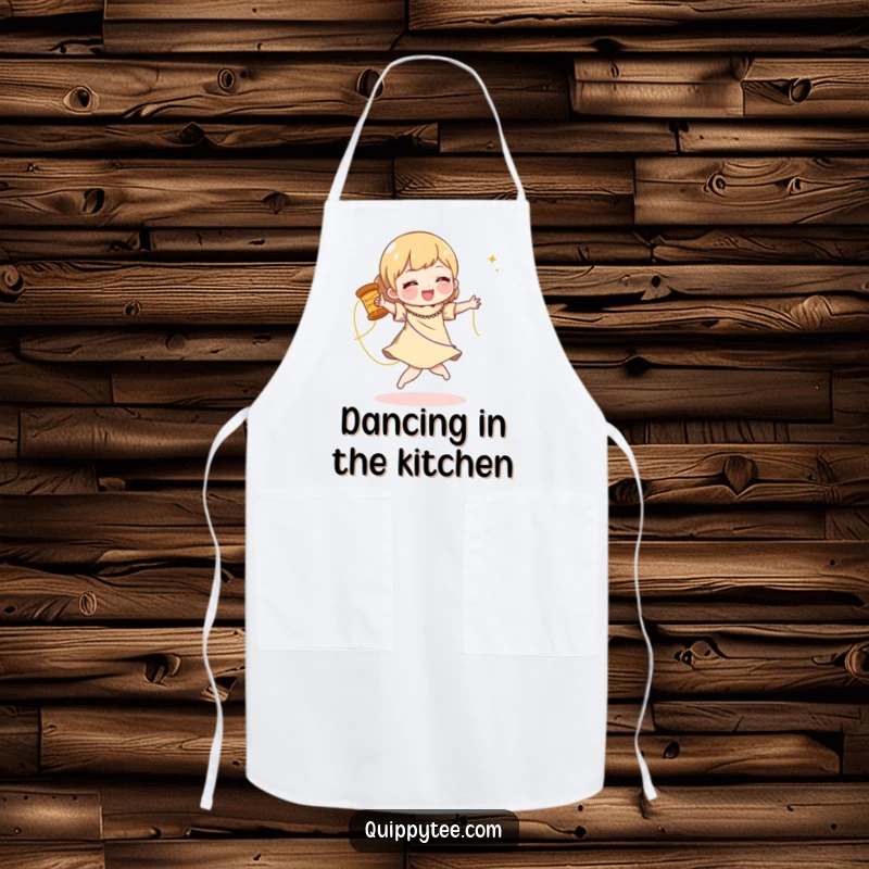 Funny apron with a character doing a joyful dance with a spool of shimmering thread, perfect for keeping clean while crafting.
