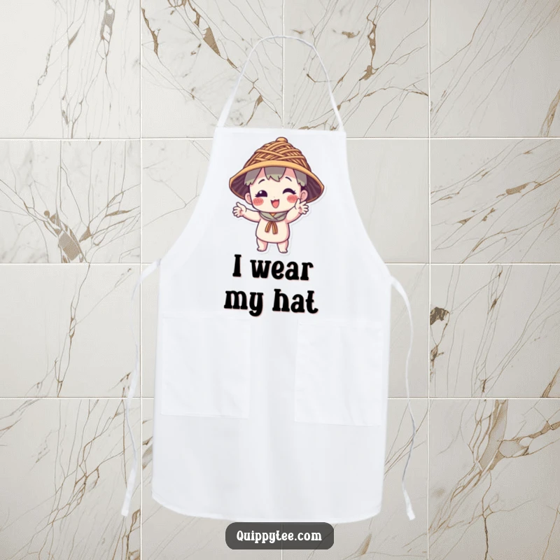 Funny Apron: A character strikes a funny pose wearing a creative hat made from interwoven threads, designed for culinary fun.