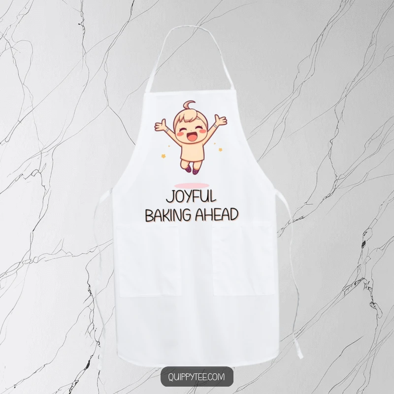 Funny apron featuring a kawaii character leaping joyfully with arms spread wide, ready to bring happiness to the kitchen.