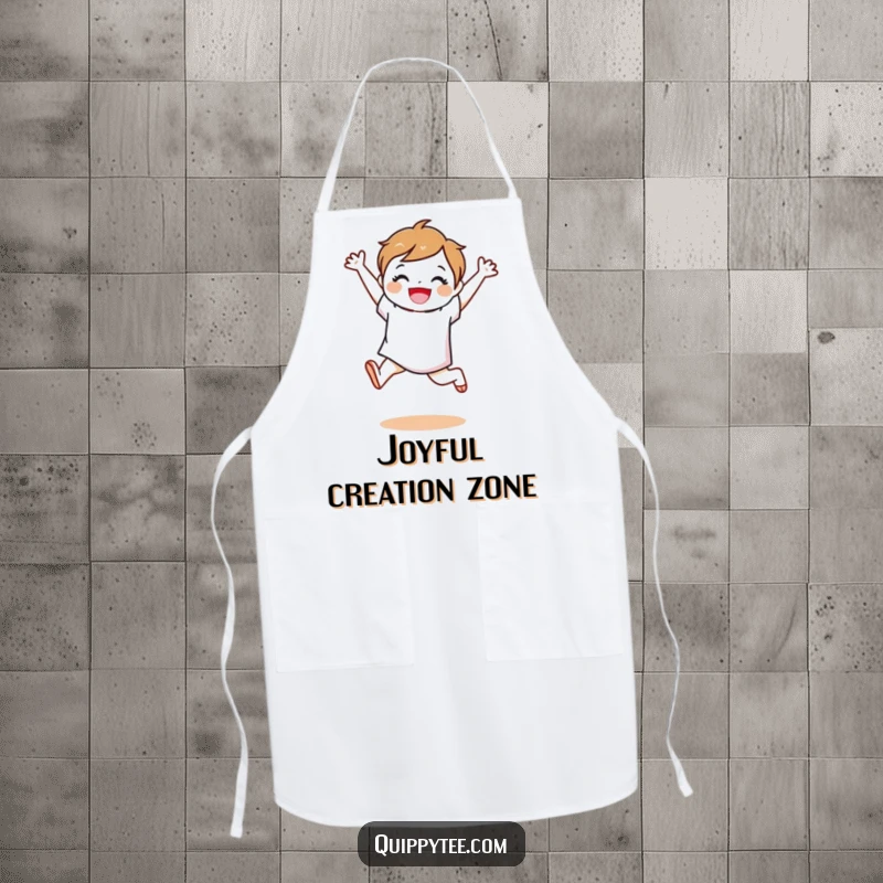 Funny fabric swatch character mid-leap, ready for action, on a durable and amusing apron.