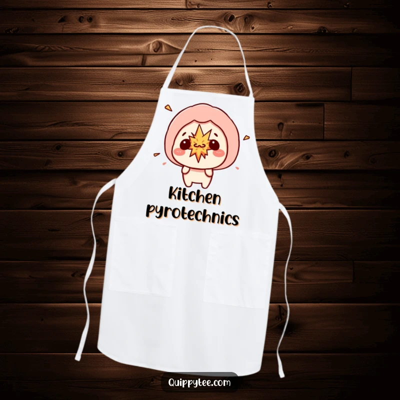 Funny kawaii character with a speech bubble depicting a small explosion, symbolizing creative culinary bursts on a humorous apron.