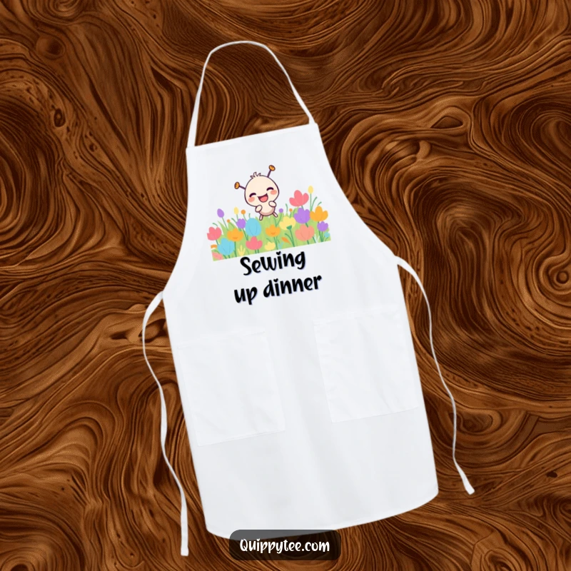 Funny laughing needle character playfully poking a colorful patch, functional and humorous apron.