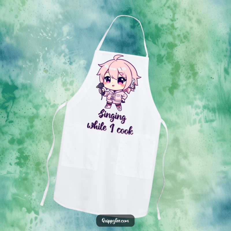 Funny apron featuring a kawaii character confidently posing with a microphone, ready to add a musical flair to any cooking session.