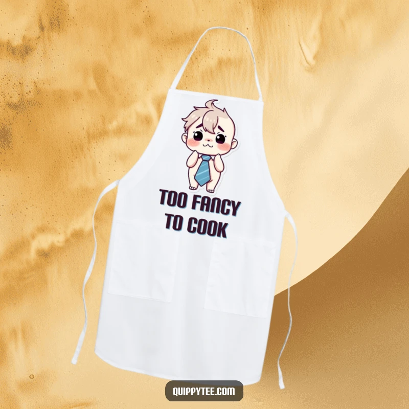 Funny kawaii character looking overwhelmed and flustered, wearing a comically large tie, ideal for a kitchen apron with relatable humor.