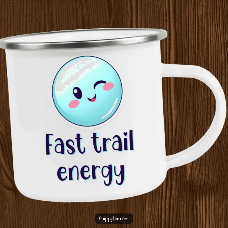 Funny winking button character zipping energetically across a seam, ready for adventure on this camping mug.