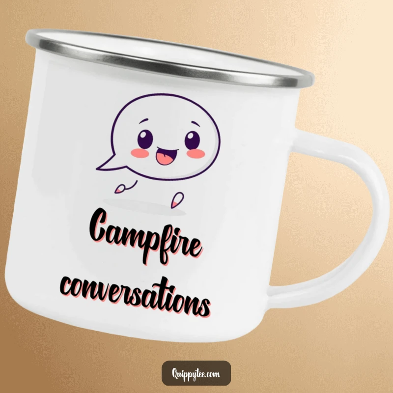 Funny speech bubble character camping mug, playfully chasing a punctuation mark, ideal for outdoor conversations and witty sips.