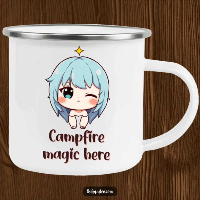 Funny Camping Mug: Character winking with a tiny sparkle above their head, perfect for adding playful charm to outdoor drinks.