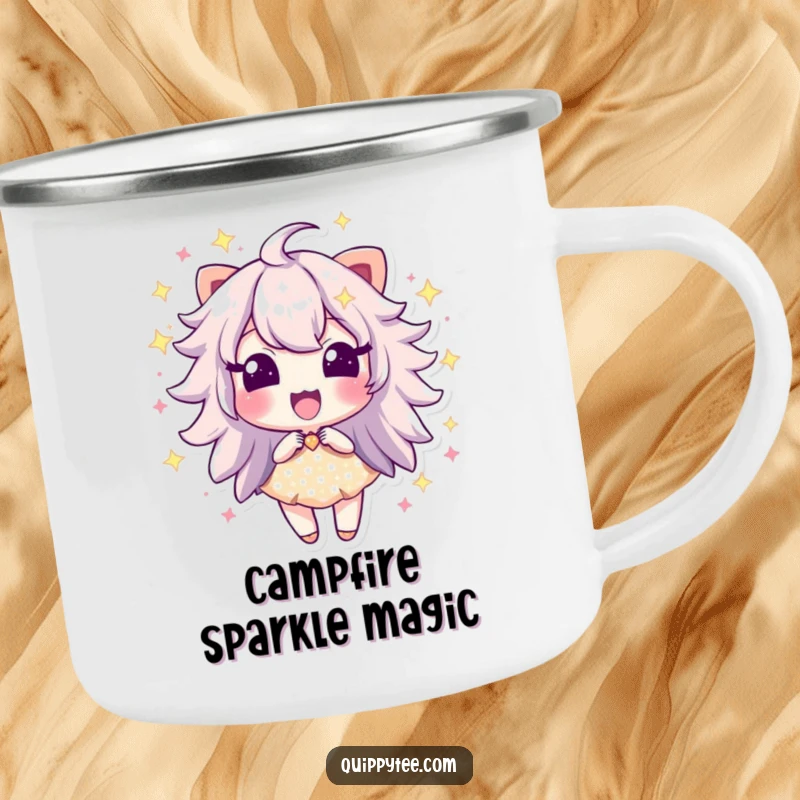 Funny enamel camping mug featuring a sparkle dust character bursting with excitement, perfect for outdoor enjoyment with a radiant spirit.