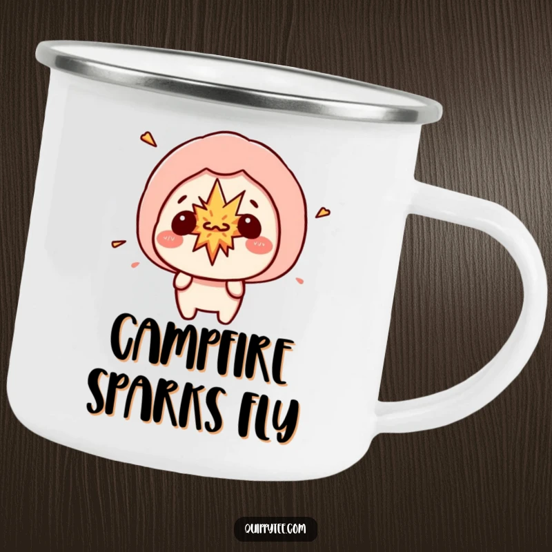 Funny kawaii character with a speech bubble showing a small explosion, perfect for a durable enamel camping mug with chaotic charm.