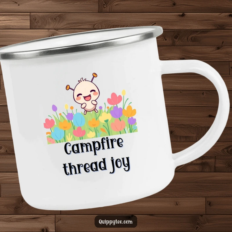 Funny laughing needle character playfully poking a patch, a sturdy camping mug for outdoor sewing fun.