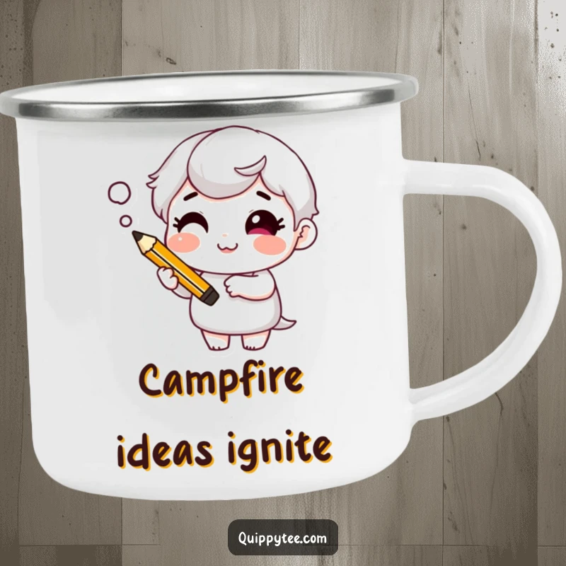 Funny Camping Mug: Character with a cheeky grin and a thought bubble, perfect for witty contemplation during outdoor drinks.