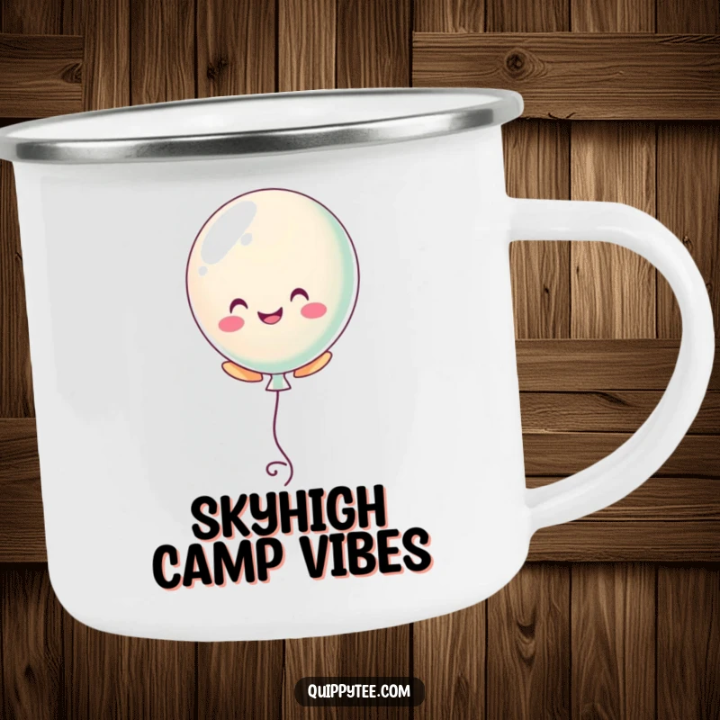 Funny enamel camping mug featuring a pastel balloon character floating upwards, perfect for outdoor enjoyment with a happy spirit.