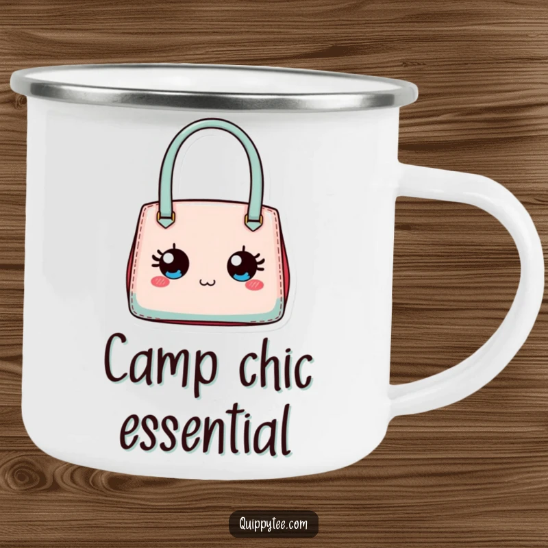 Funny enamel camping mug depicting a tiny designer handbag with expressive eyes, ready for stylish outdoor trips.