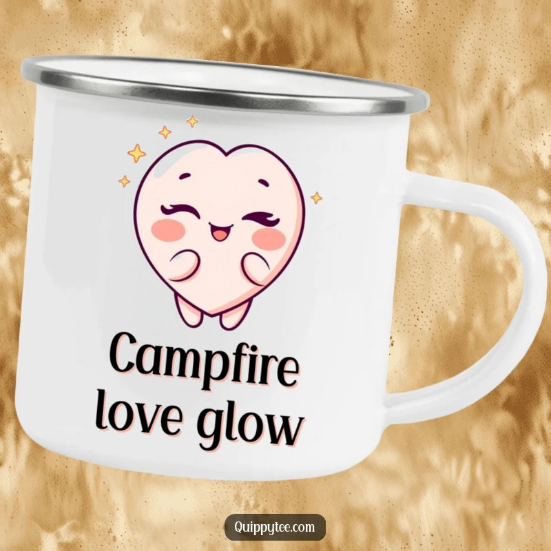 Funny Camping Mug: A sparkling heart character winking playfully, perfect for adding charm to outdoor relaxation.