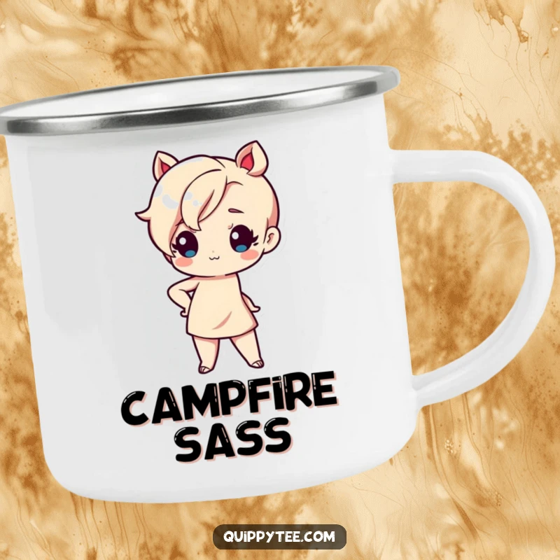 Funny camping mug featuring a cute Kawaii character in a sassy pose with one hand on hip, adding adorable attitude to camp brews.
