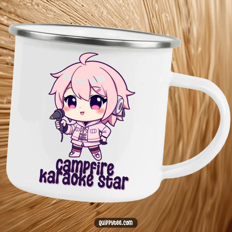 Funny camping mug with a kawaii character confidently posing with a microphone, perfect for outdoor performances and morning brews.