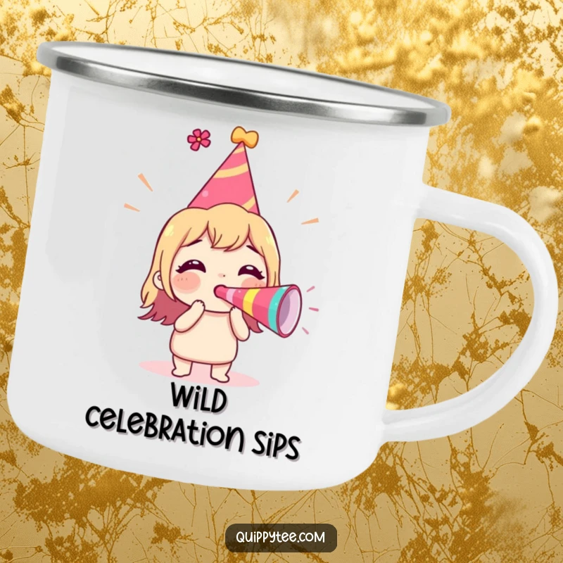 Funny Camping Mug featuring an excited character in a party hat, blowing a party horn, bringing festive cheer to the campsite.