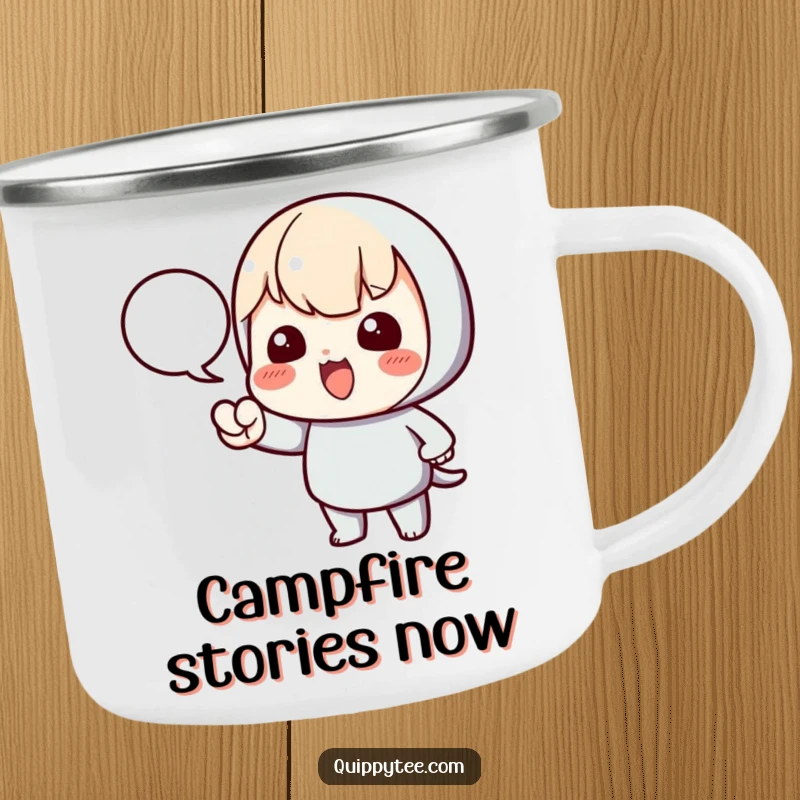 Funny camping mug with a kawaii character dramatically pointing at a speech bubble, perfect for outdoor discussions and clear communication.