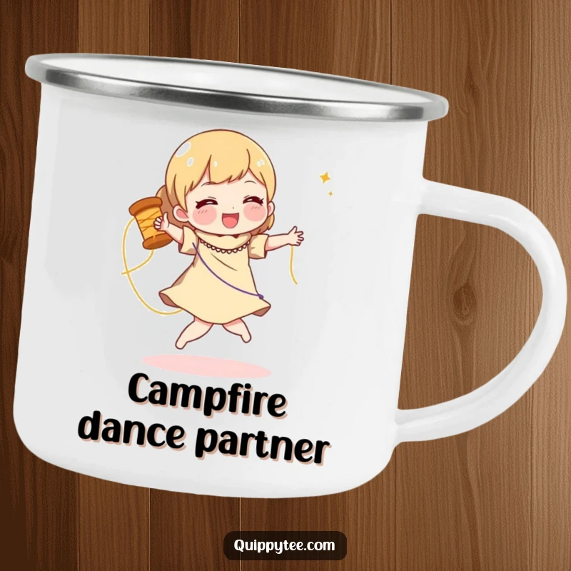 Funny camping mug with a character doing a joyful dance with a spool of shimmering thread, perfect for outdoor crafting sessions.