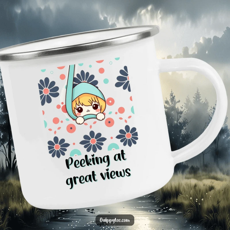 Funny camping mug featuring a cute kawaii character peeking from behind patterned camping fabric, ideal for outdoor enthusiasts.