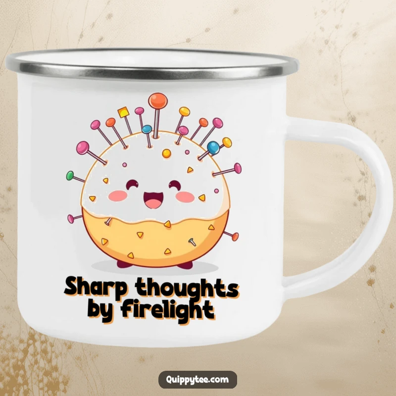 Funny camping mug with a cheerful pin cushion character loaded with pins, perfect for outdoor coffee breaks and humorous crafting sessions.
