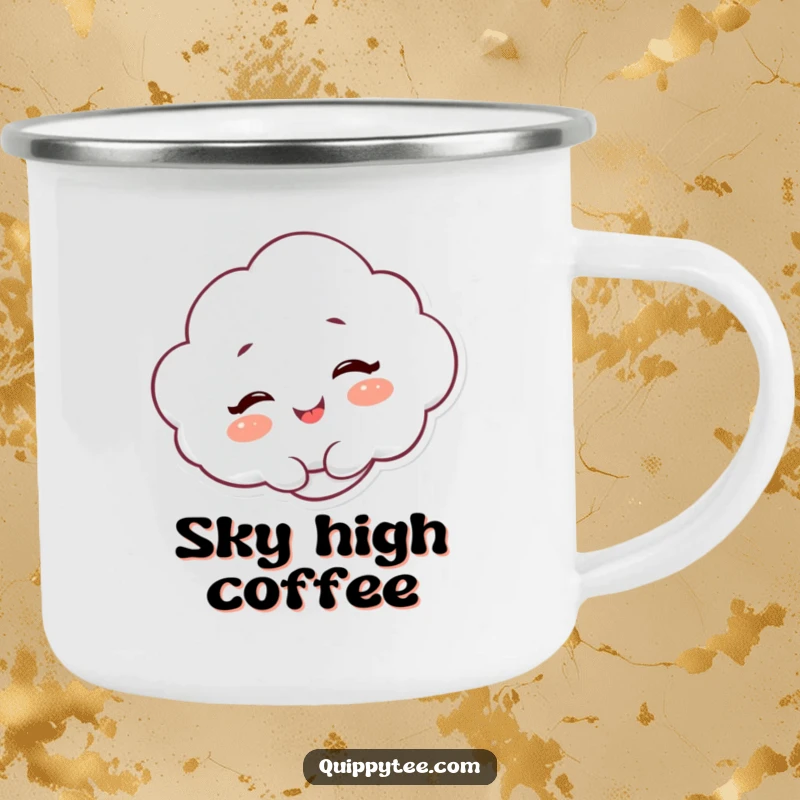 Funny Camping Mug: A fluffy cloud character giggling with delight, perfect for cheerful outdoor enjoyment.