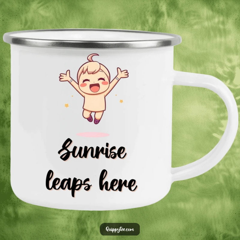 Funny camping mug with a kawaii character leaping joyfully with arms spread wide, perfect for outdoor fun and happy moments.
