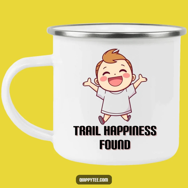 Joyful Speech Bubble Camping Mug: Funny Character's Happy Jumps for Outdoor Cheer