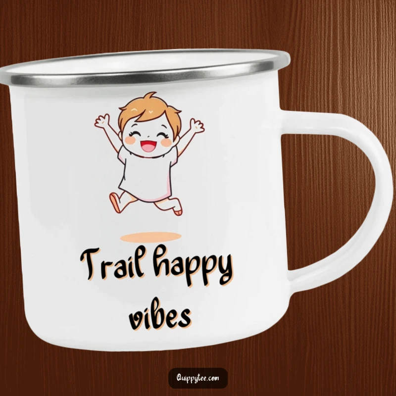 Funny fabric swatch character leaping with joy, a rugged camping mug for outdoor enthusiasts.