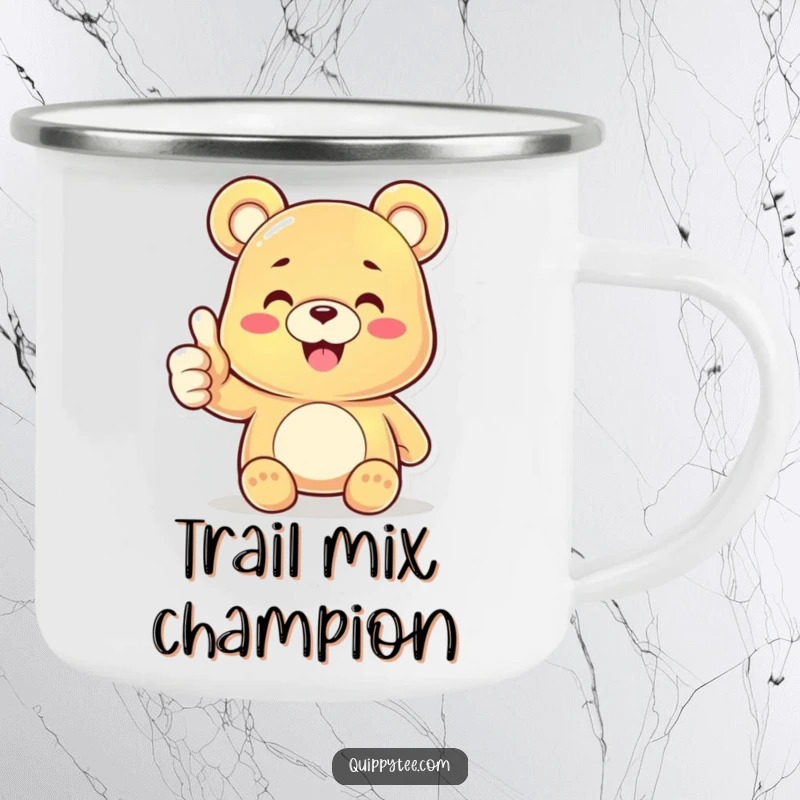 Funny Gummy Bear Thumbs Up Camping Mug: A happy character giving a thumbs up, perfect for a funny outdoor adventure gift.