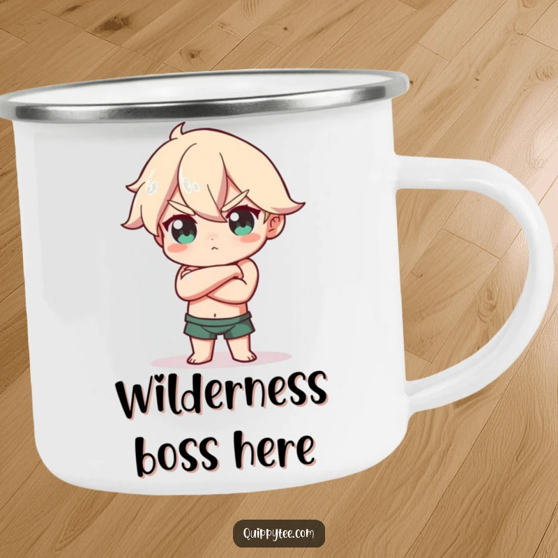 Funny Camping Mug: Character strikes a confident pose, arms crossed, head tilted, perfect for confident contemplation during outdoor drinks.