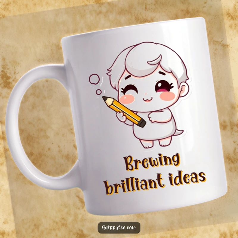 Funny Mug: Character with a cheeky grin holds a pencil, a thought bubble above their head, symbolizing clever ideas.