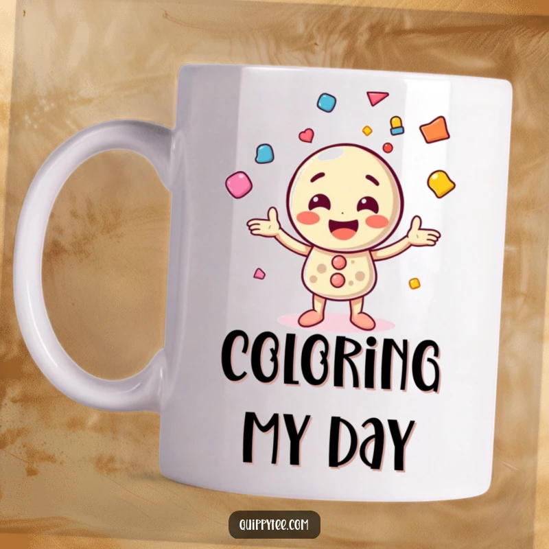 Funny mug featuring a cheerful button character expertly juggling brightly colored geometric shapes, radiating joy and skill.