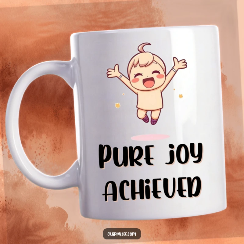 Funny mug featuring a kawaii character leaping joyfully with arms spread wide, embodying pure elation and free-spirited happiness.