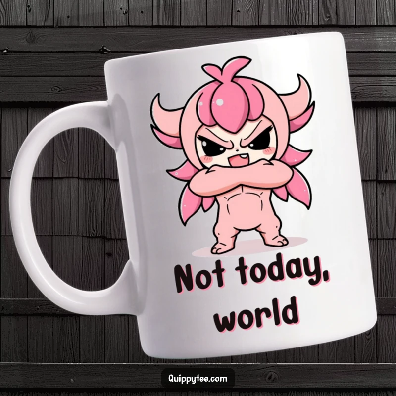 Funny mug featuring a cute Kawaii character with a defiant expression, arms crossed, showcasing an adorable but strong attitude.