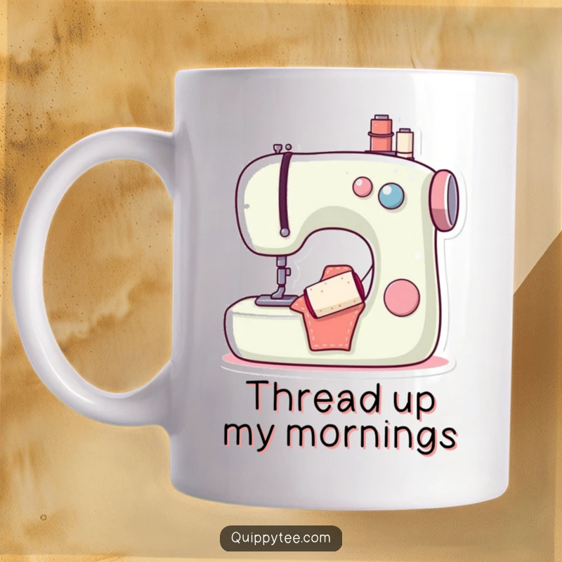 Funny mug showcasing a happy sewing machine character with a cheerful bobbin, symbolizing joyful creativity and crafting fun for sewing lovers.