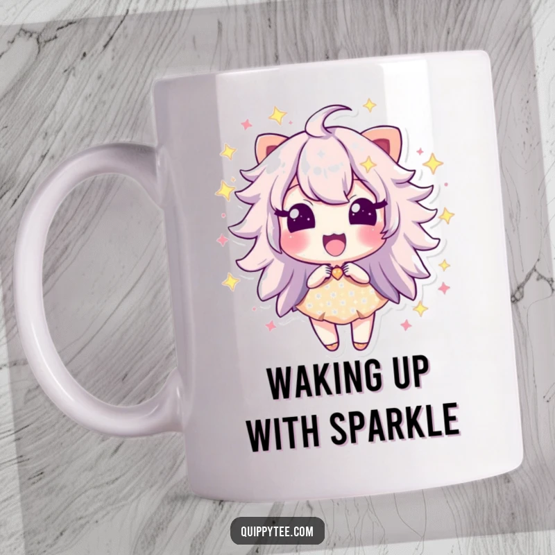 Funny mug showing a sparkle dust character bursting with excitement, radiating energy and joy.