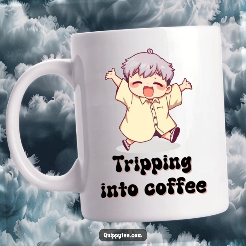 Funny mug with a cute kawaii character comically tripping while wearing a giant shirt, showcasing relatable clumsiness and humor.