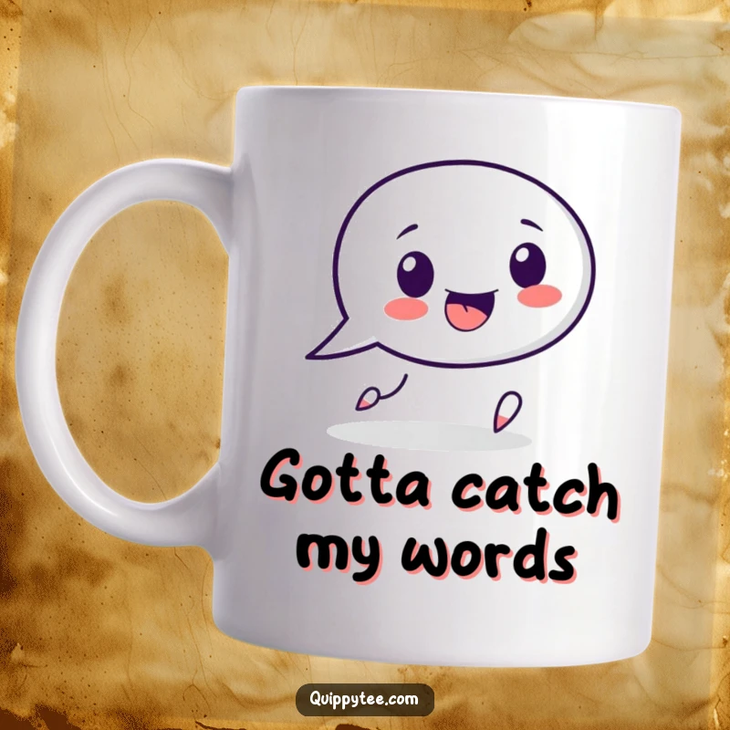 Funny speech bubble character mug, playfully chasing a punctuation mark, symbolizing conversation and linguistic fun.