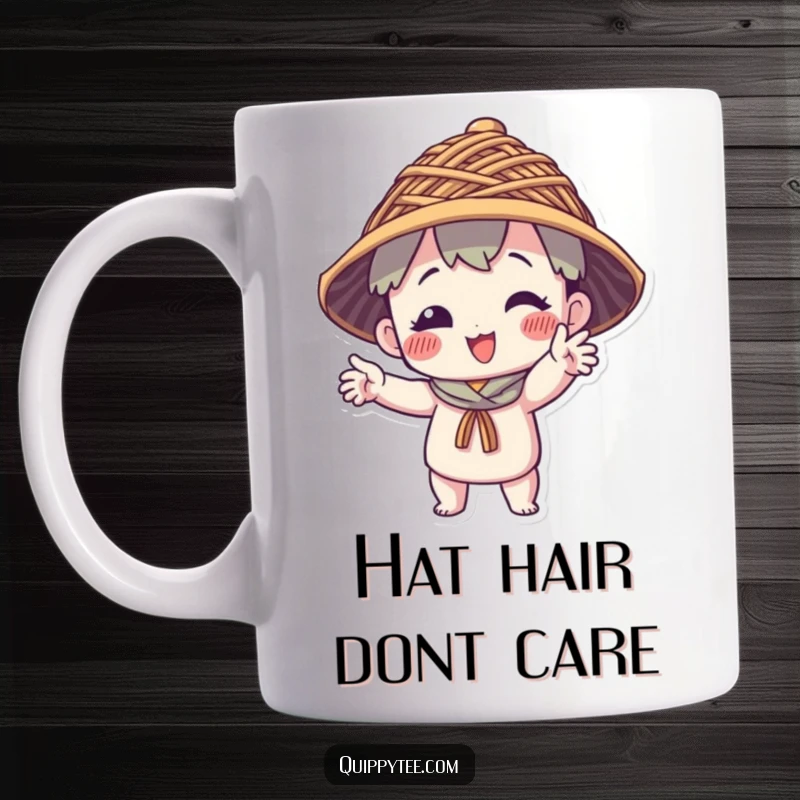 Funny Mug: A character strikes a hilarious pose wearing an intricately woven hat made entirely of colorful threads.